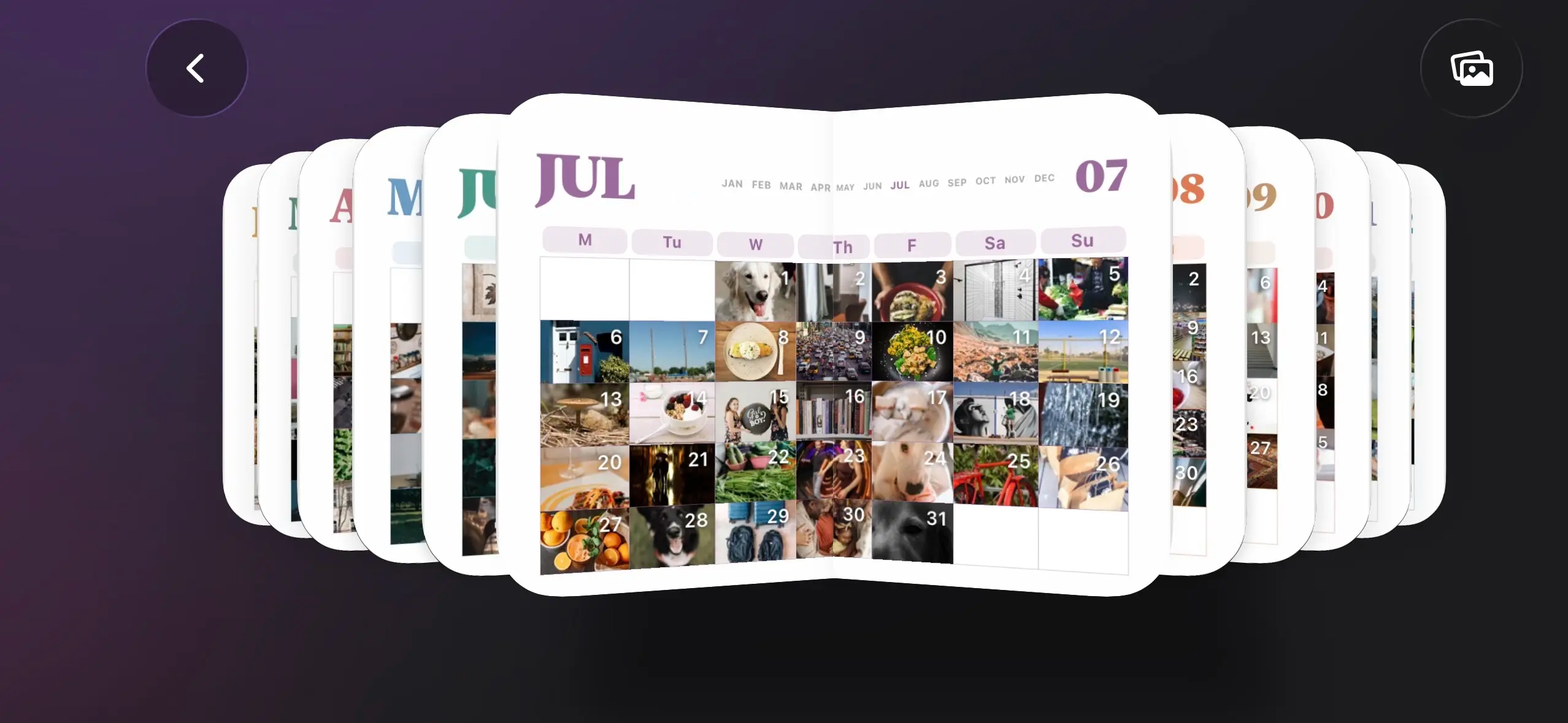 FlipYear 3D photo flip book with monthly calendar view — photos organized by day