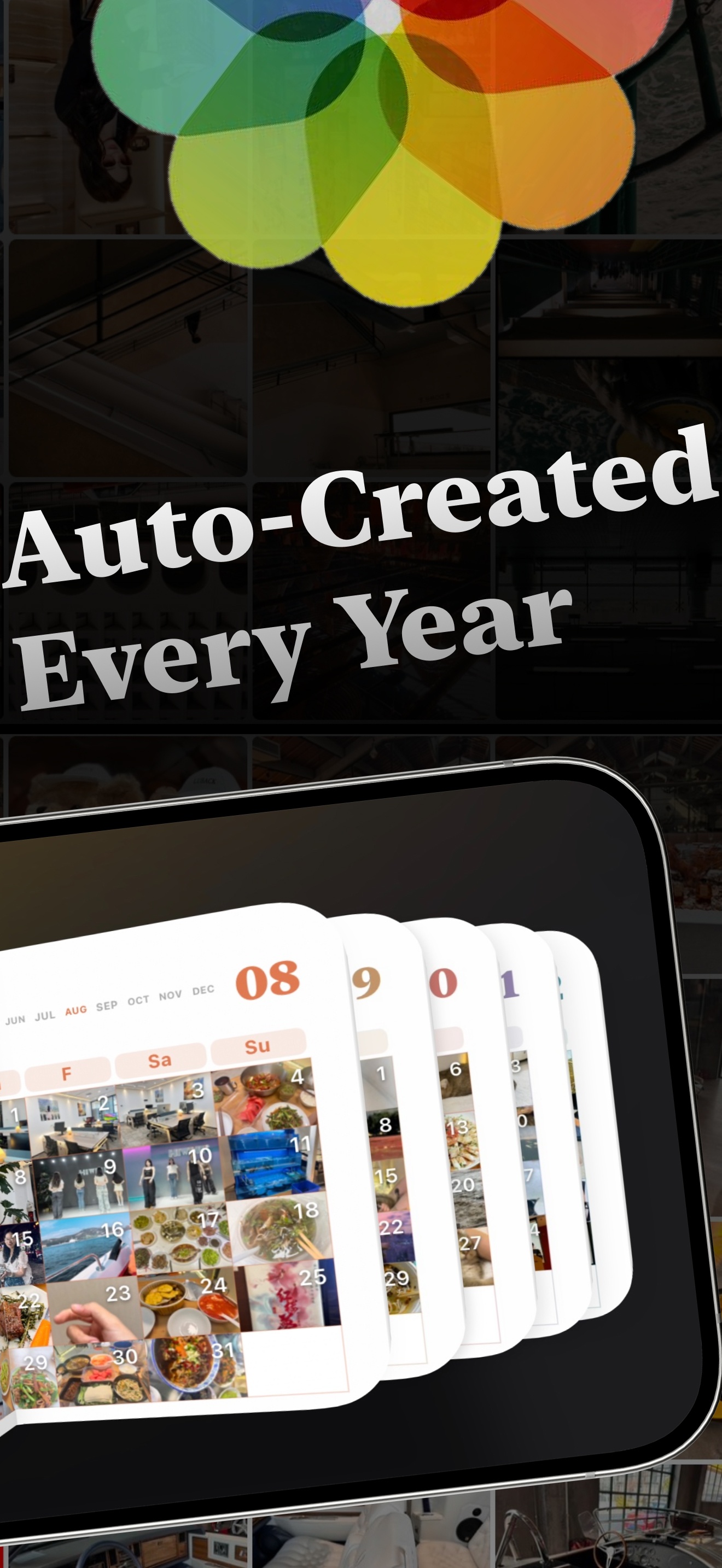 Auto-created photo album with monthly calendar pages — no manual curation needed