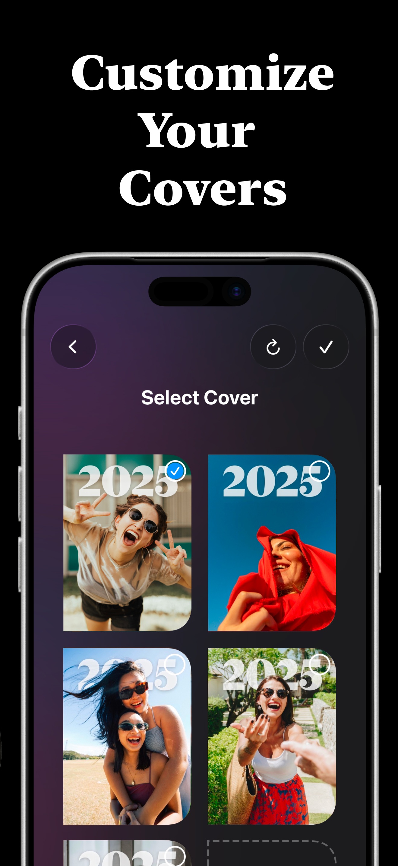 Customize photo book covers — pick favorites or let FlipYear choose the best shot