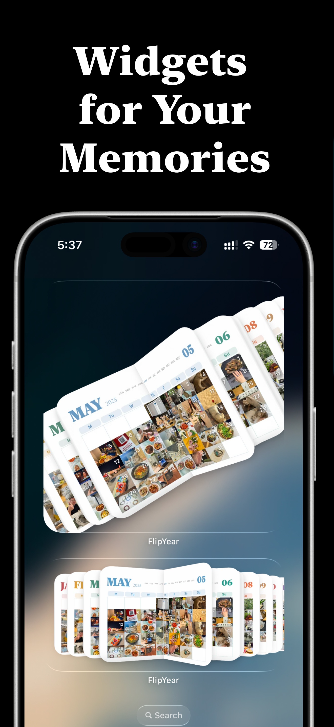 FlipYear home screen and lock screen widgets showing photo memories